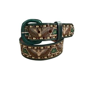 Vintage Mallory Tooled Belt Whip Stitched Turquoise Brown Southwestern Eagle